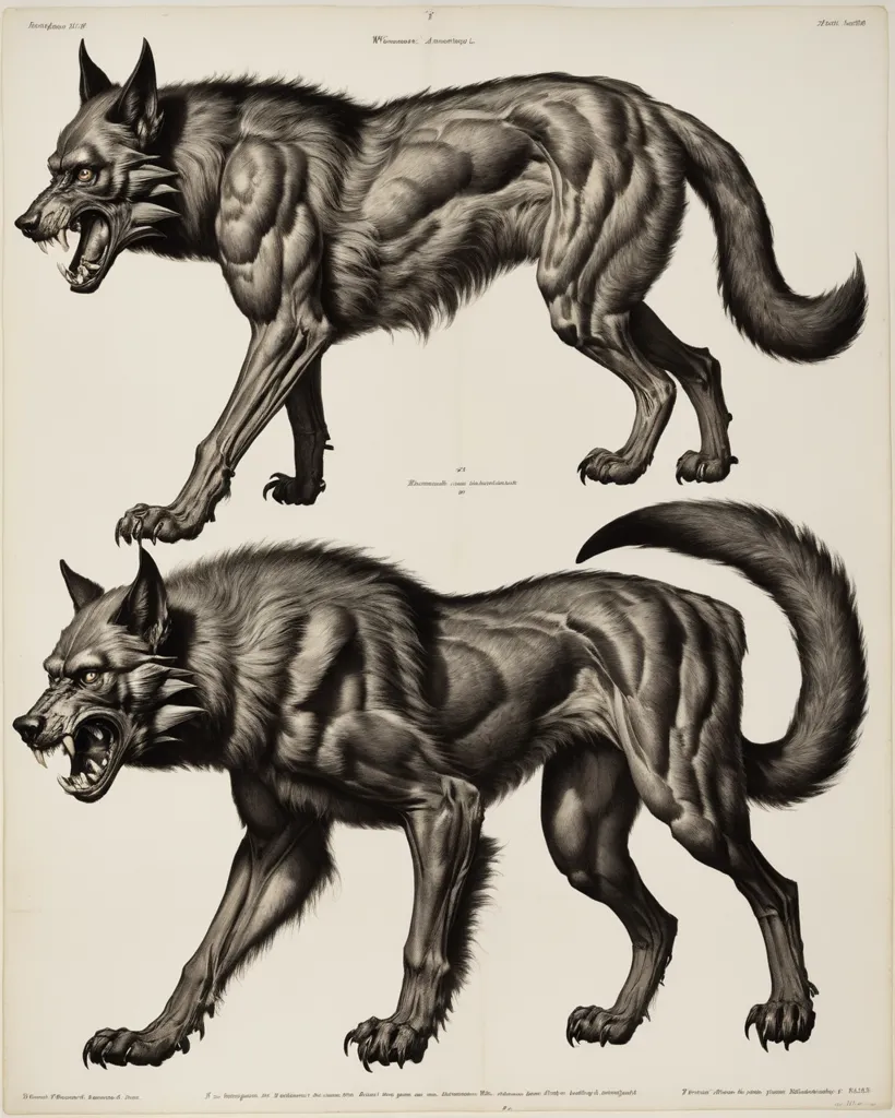 The image shows two wolves, one with its muscles exposed on the left and the other with its fur on the right. The wolves are both standing on all fours and have their mouths open, baring their teeth. They are both very muscular and powerful-looking.