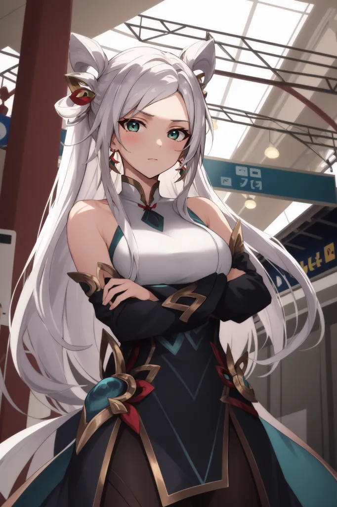 The picture shows a young woman with long white hair and green eyes. She is wearing a white and black cheongsam with a red and green sash. She has cat ears and a tail. She is standing in a modern setting with large glass windows and metal be