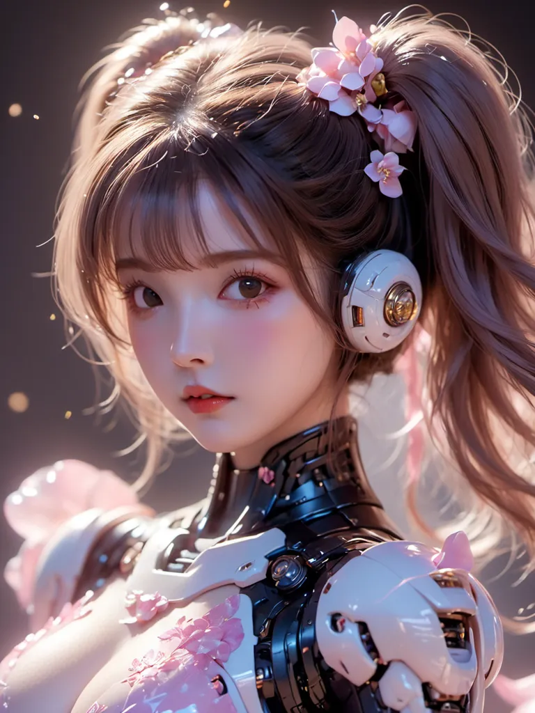 The picture shows a beautiful anime-style girl with pink twintails and pink flowers in her hair. She is wearing a white and pink bodysuit with a black choker and headphones. Her eyes are pink and her skin is fair. She has a serious expression on her face. The background is a dark color with a spotlight shining down on her.