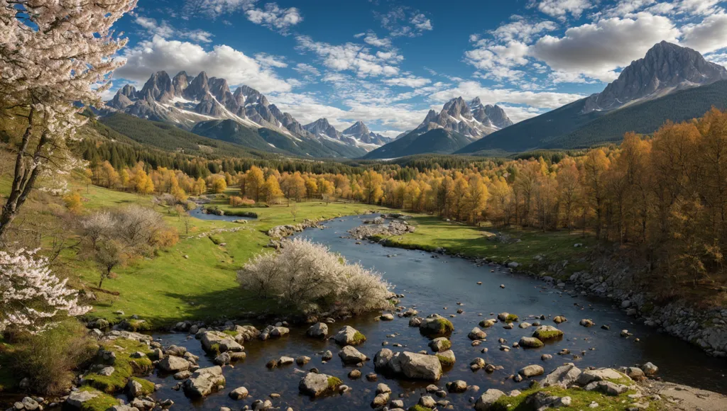 The image shows a beautiful mountain landscape with a river running through the middle. The mountains are covered in snow. The river is surrounded by trees. The trees are in full bloom. The sky is blue and there are some clouds in the sky. There is a small waterfall in the river. The waterfall is surrounded by rocks. The rocks are covered in moss.