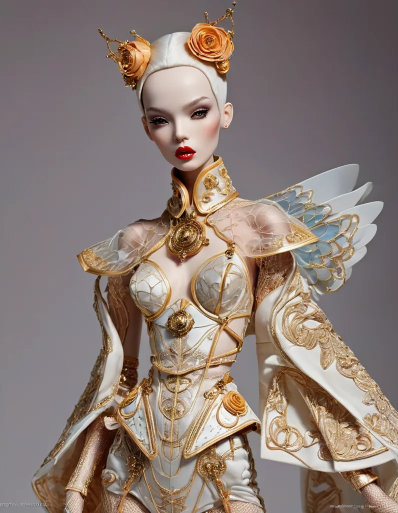 This is a photo of a doll with elaborate makeup and costume. The doll is wearing a white and gold outfit with a corset, detailed with gold and pearls. The doll also has a pair of wings and a headpiece made of the same material. The doll's face is painted with pale skin, dark lips, and blue eyes