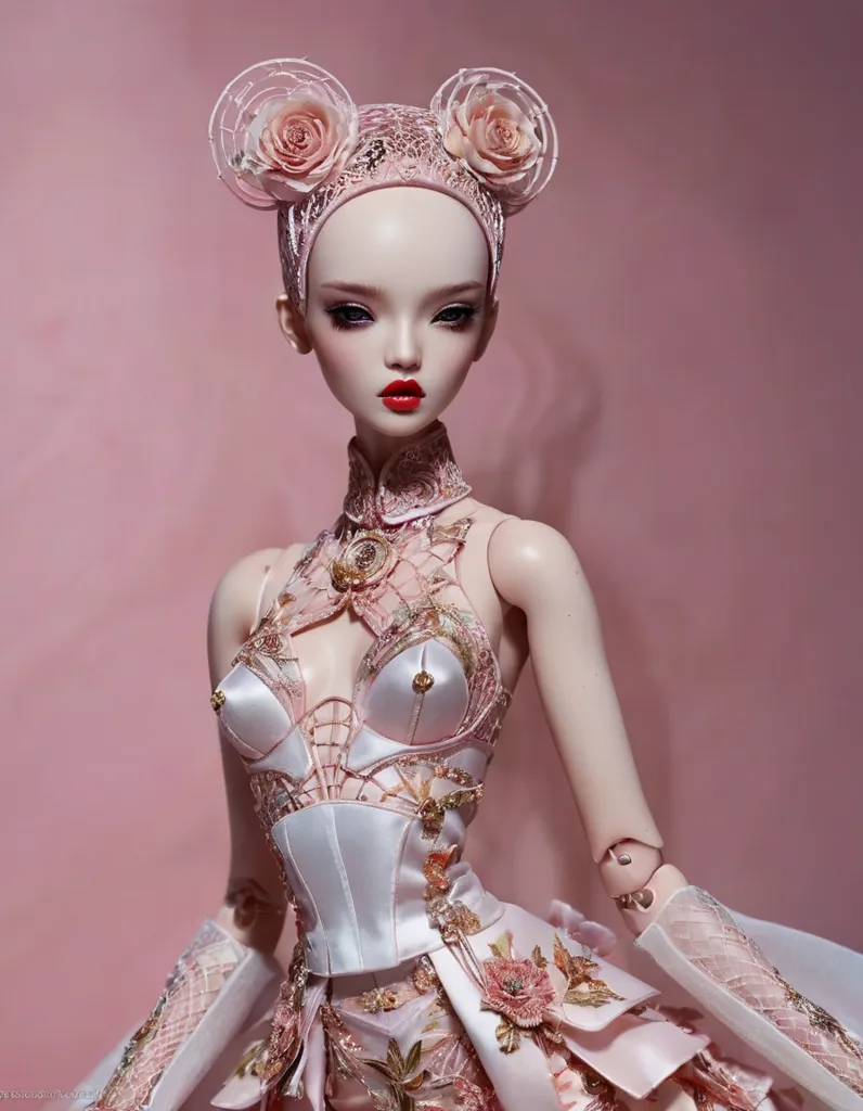 The image shows a doll with a pale face and dark eyes. She is wearing a pink and white dress with a corset and a full skirt. The dress is decorated with gold and silver embroidery and has a long train. The doll's hair is styled in an elaborate updo and she is wearing a pair of pink earrings. She is standing on a pink background and is looking at the camera with a serious expression.