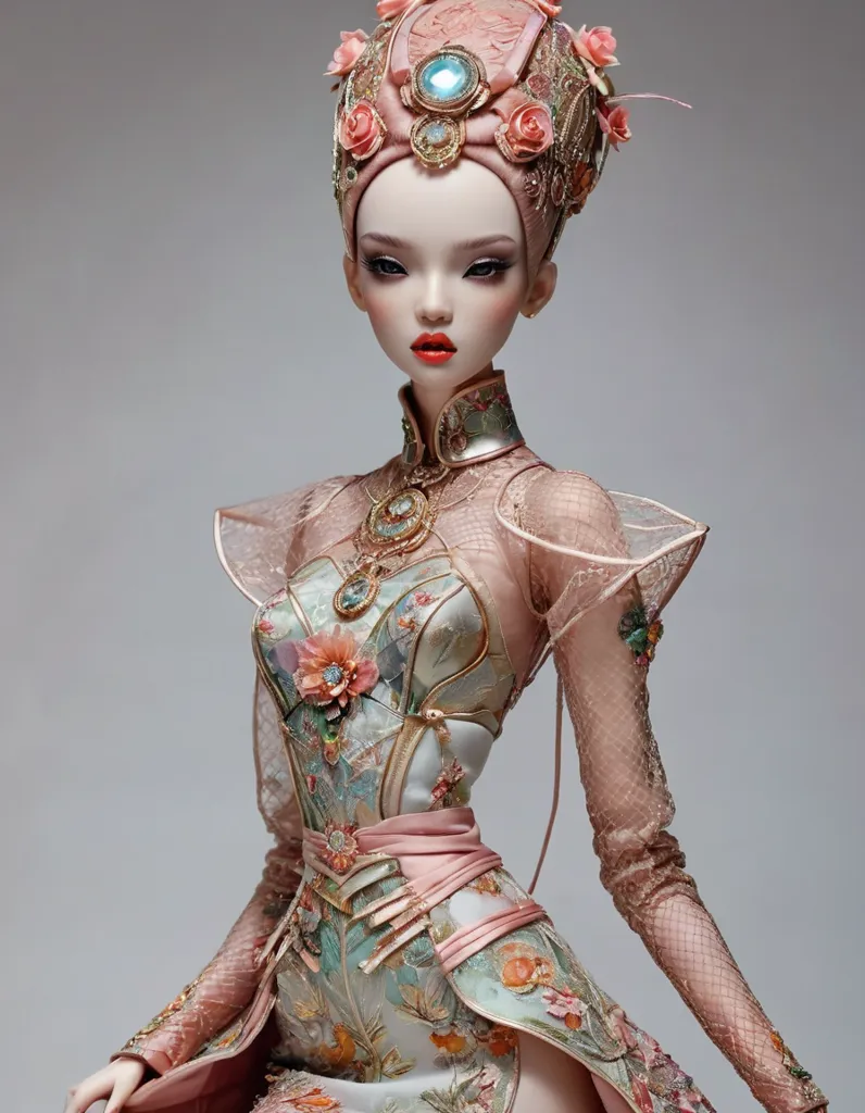 The image shows a doll with an elaborate headdress and outfit. The doll has pale skin and dark hair, and is wearing a pink and gold-colored outfit with a floral pattern. The outfit has a high collar and long sleeves, and is decorated with gold-colored buttons and trim. The doll's headdress is also pink and gold-colored, and is decorated with flowers and pearls. The doll is standing on a pedestal, and is surrounded by a white background.