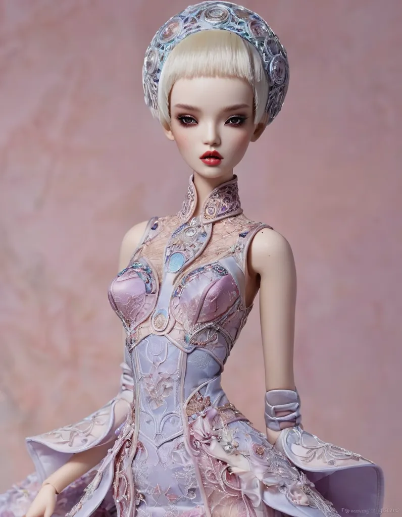 The image shows a doll with a pale face, light pink lips, and short white hair wearing an elaborate pink and purple dress with a high collar and a large skirt. The dress is decorated with lace, flowers, and jewels, and the doll is wearing a matching headpiece. The doll is standing against a pink background, and the image is taken from a high angle.