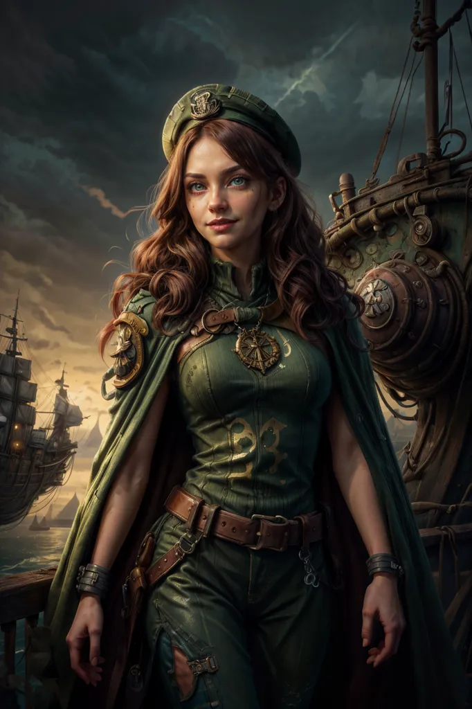 This image shows a beautiful young woman standing on the deck of a ship. She is wearing a green military-style outfit and a brown hat. Her hair is long and brown, and her eyes are blue. She has a confident expression on her face, and she is looking out at the sea. There are other ships in the background, and the sky is dark and cloudy.