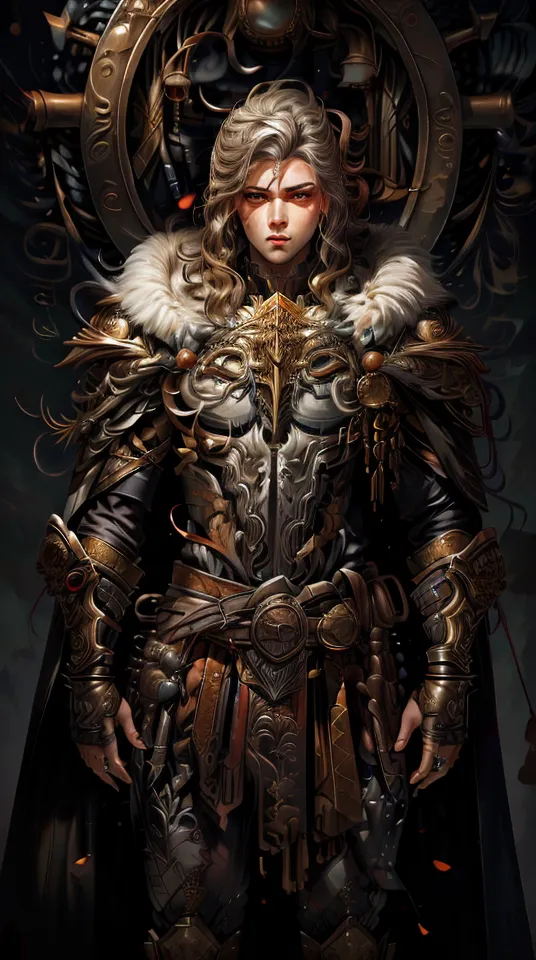 This is an image of a warrior. They are wearing a suit of armor that is gold and black. They have a sword in their right hand and a shield in their left hand. They are standing in front of a dark background. The warrior has long blond hair and blue eyes. They look like they are ready for battle.