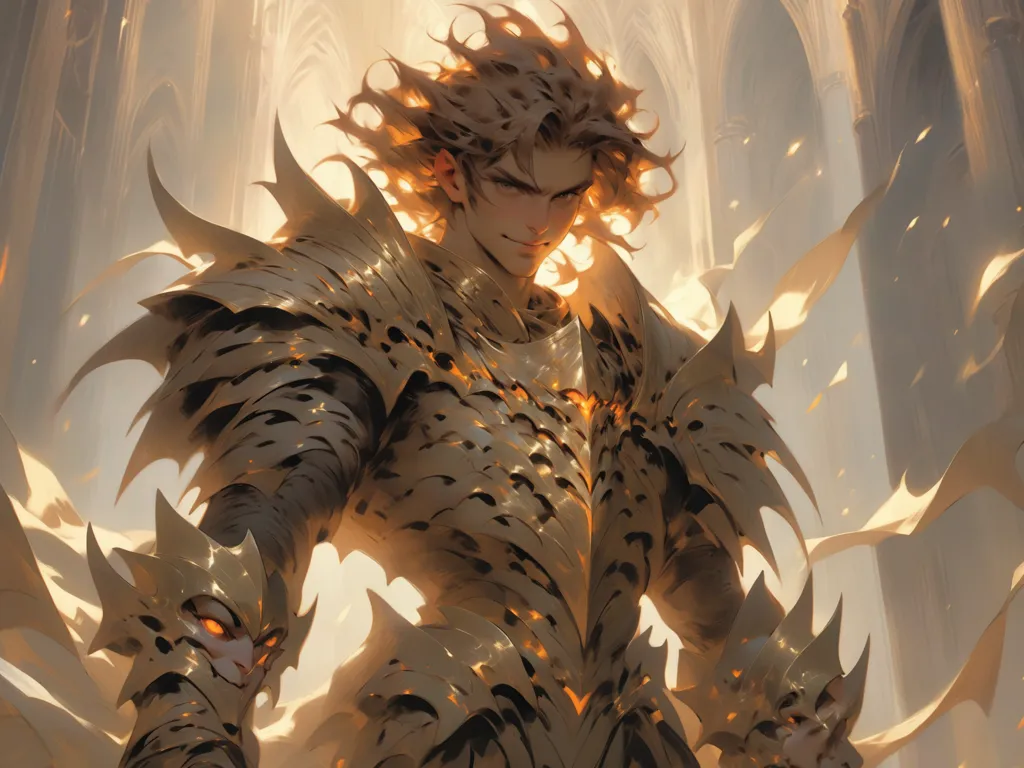 This is an image of a warrior. He is wearing golden armor and has a confident smile on his face. He is surrounded by a bright light, and there are two creatures on either side of him. The creatures are small and have wings. The warrior is holding a sword in his right hand. He looks like he is ready for battle.