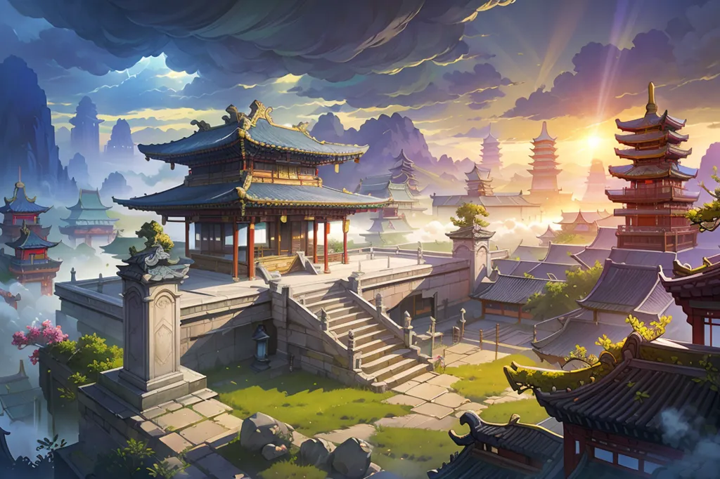 The image is in a Chinese style. There are many buildings with upturned eaves and red lanterns. The buildings are surrounded by mountains and clouds. The image has a sense of depth and perspective. The colors are vibrant and bright. The overall effect is one of beauty and tranquility.