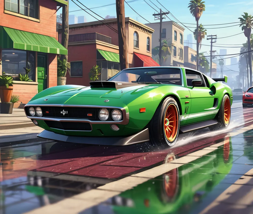 A green classic sports car is driving down a wet street. The car has a black hood and red rims. The street is lined with palm trees and buildings. The car is moving very fast and is spraying water as it drives.