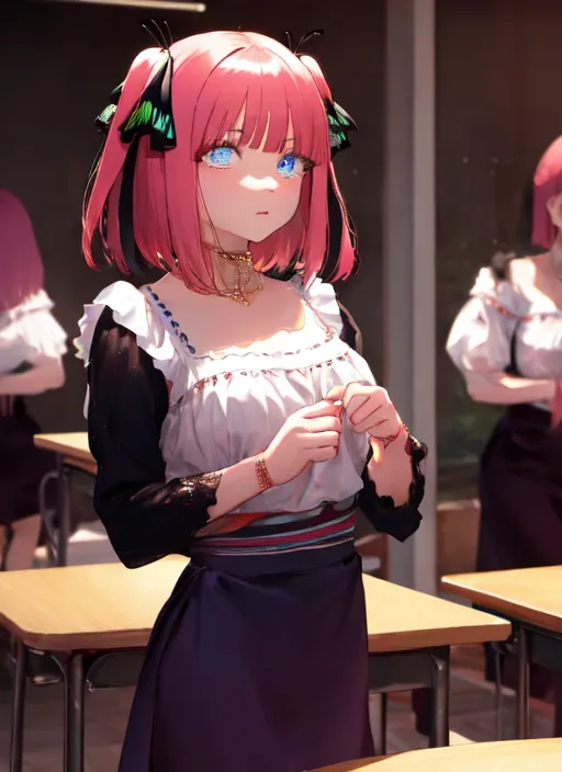 The image shows a girl with pink hair and blue eyes. She is wearing a white blouse, a black skirt, and a pink bow in her hair. She is standing in a classroom, and there are other girls in the background. The girl is looking at the viewer with a shy expression.