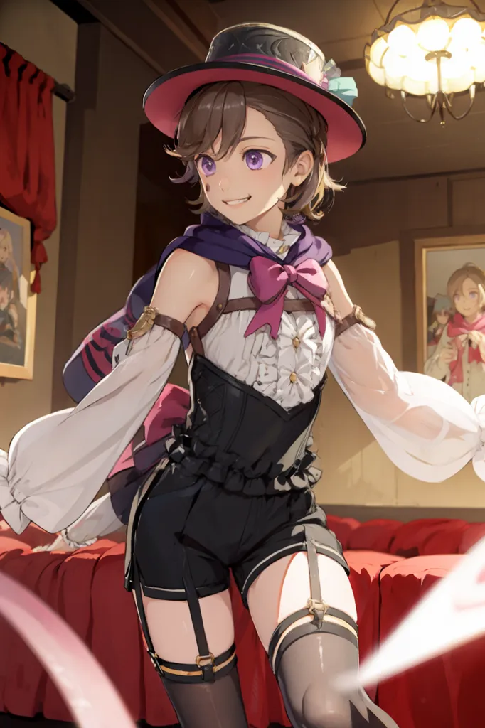 This image shows an anime-style girl with brown hair and purple eyes. She is wearing a black corset with a white puffy shirt and black shorts. She also has a purple hat and a pink bow. She is standing in a room with a red curtain and a painting of another girl on the wall.