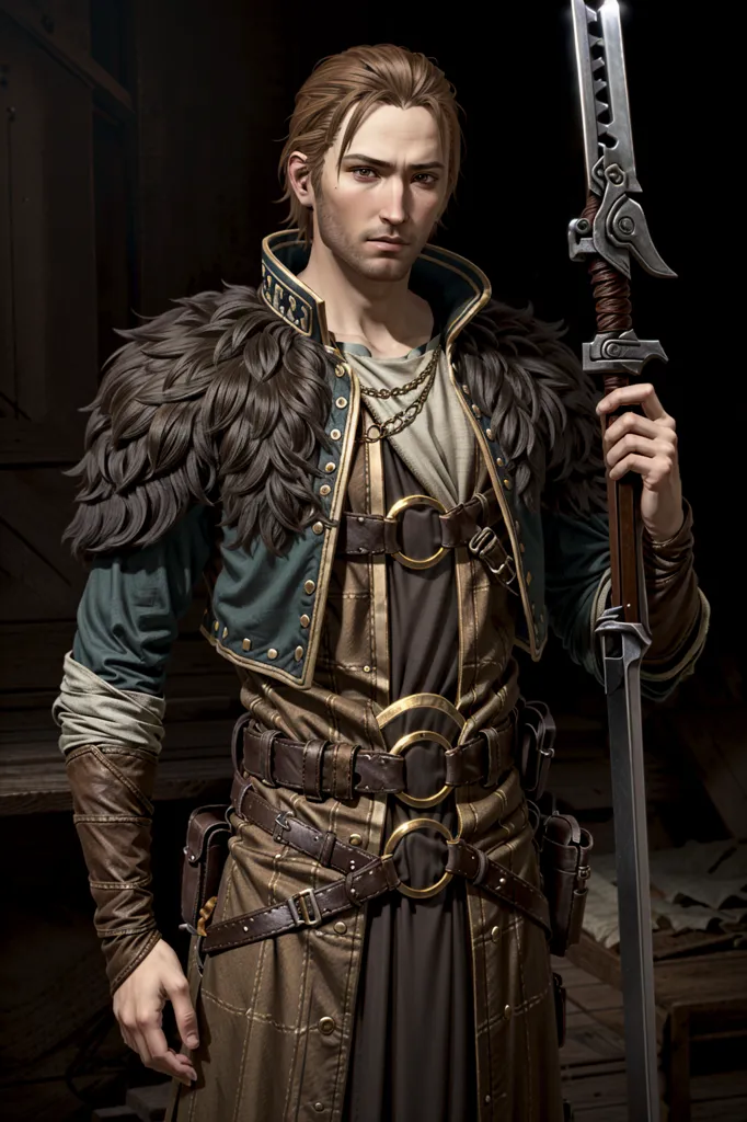 This is a picture of a man with a sword. He is wearing a brown leather jerkin with fur trim, a white shirt, and brown pants. He has a sword in his right hand and is looking at the viewer with a serious expression. He is standing in a dark room with a wooden door behind him.