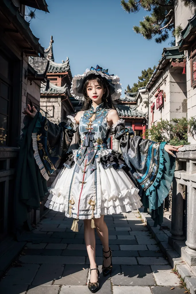 The image shows a young woman wearing a beautiful Chinese-style dress with a blue and white floral pattern. The dress has a high collar and long sleeves, and it is trimmed with gold and silver thread. The woman is also wearing a large hat with a blue and white floral pattern. She is standing in a traditional Chinese courtyard, and there are traditional Chinese buildings in the background.