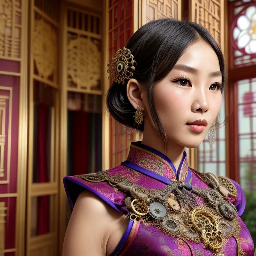 The picture shows a young woman of Asian descent. She is wearing a traditional Chinese dress with intricate patterns and ornate golden accessories. Her hair is styled in a bun and she is wearing a hairpiece with a golden ornament. The background is a traditional Chinese-style room with red walls and golden decorations.