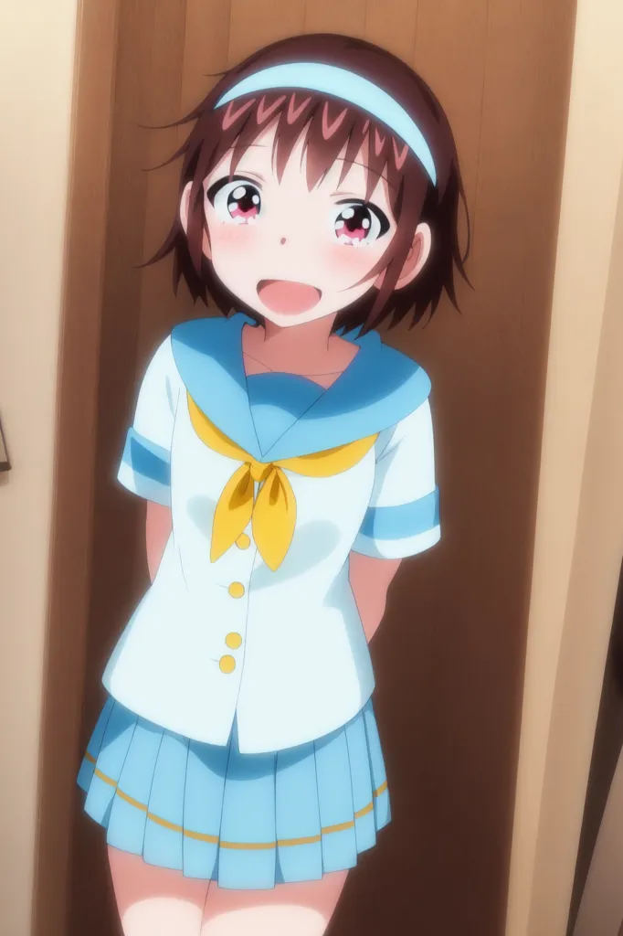 The image shows an anime girl with short brown hair and brown eyes. She is wearing a white and blue sailor-style school uniform. She has a shy smile on her face and is standing with her hands clasped in front of her.