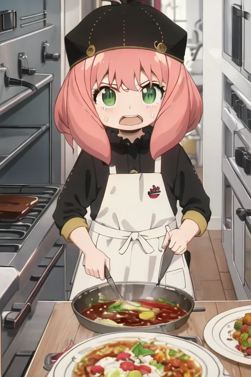 The image shows a young girl with pink hair and green eyes wearing a white apron and a black hat. She is standing in a kitchen, cooking a meal. She is holding a spatula and a spoon, and there are two plates on the counter beside her. The girl has a surprised expression on her face, as if she has just realized that she has made a mistake in her cooking.