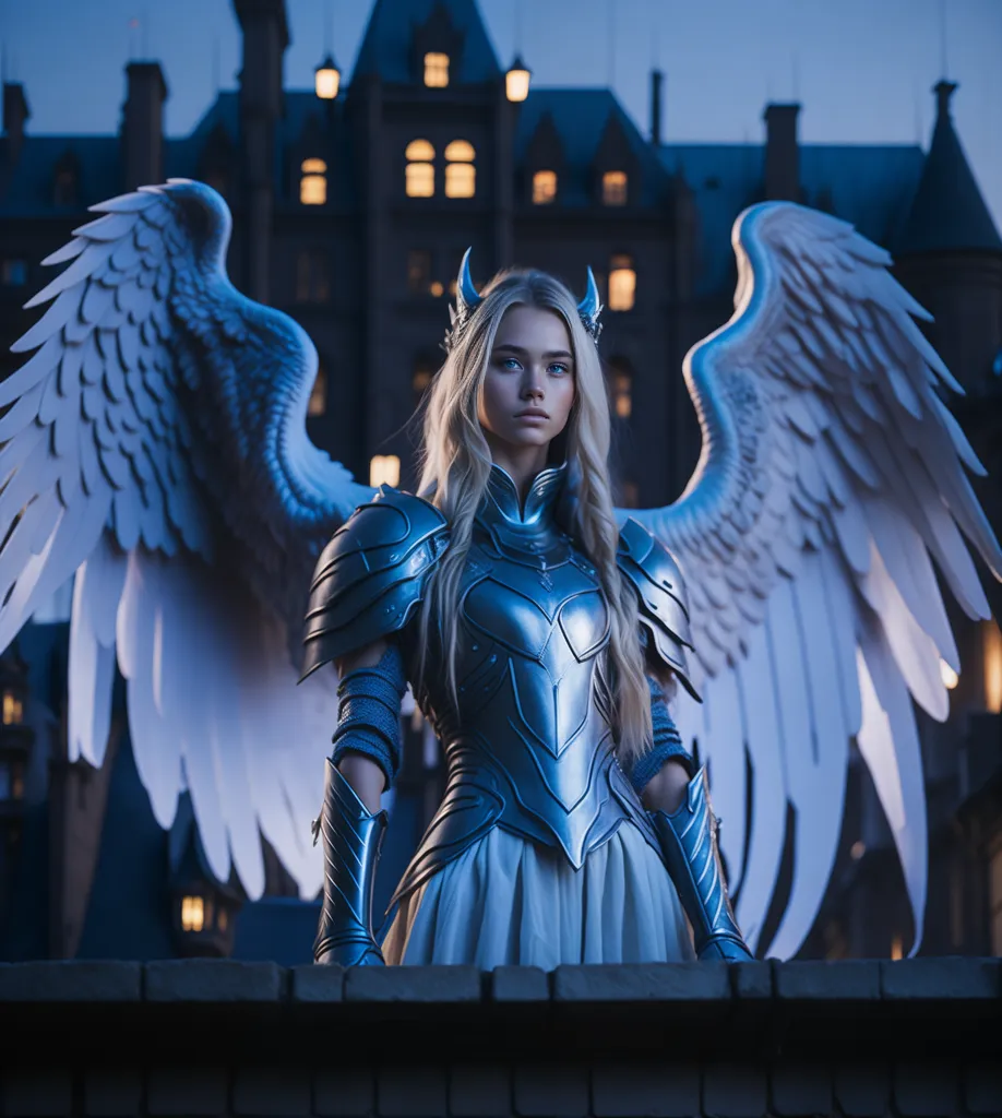 The image is of a beautiful young woman with long blonde hair and blue eyes. She is wearing a suit of silver armor and has a pair of large white wings. She is standing on a stone parapet, with a castle in the background. The woman is looking down at the viewer with a serene expression.