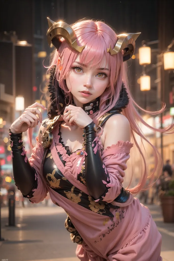 The image is of a beautiful anime girl with pink hair and gold horns. She is wearing a pink and black dress with a white collar. The dress has gold and black accents. She is also wearing a necklace and a bracelet on her right wrist. She has a serious expression on her face and is looking at the viewer with her golden eyes. She is standing in a busy street with blurred lights in the background.