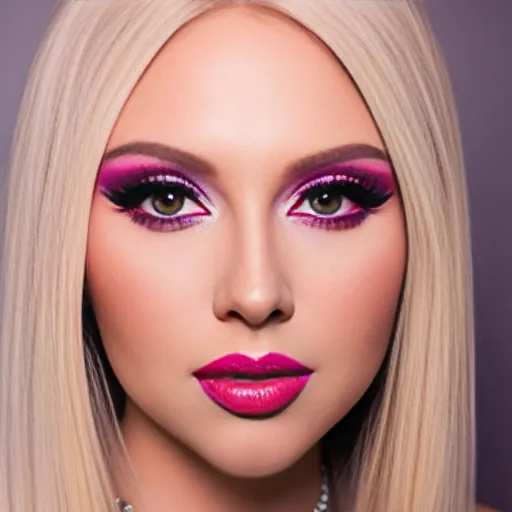 The image shows a woman with blonde hair and pink makeup. Her right eye is looking at the camera and her left eye is looking down. She has long, fake eyelashes and her eyebrows are plucked and filled in. Her lips are slightly parted and she is wearing pink lip gloss. She is wearing a necklace and her hair is styled in a way that it looks like it is blowing in the wind. The background is a light pink color and there is a spotlight on the woman.