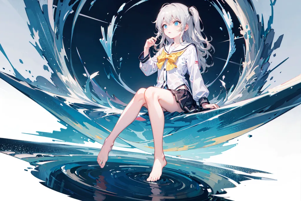 The image is a painting of a young girl with white hair and blue eyes. She is wearing a white shirt, a black skirt, and a yellow bow tie. She is sitting on a large wave of water, with her feet dangling in the water. The wave is crashing against a wall of stone, and the girl is looking at the viewer with a sad expression. The painting is done in a realistic style, and the colors are vibrant and lifelike.