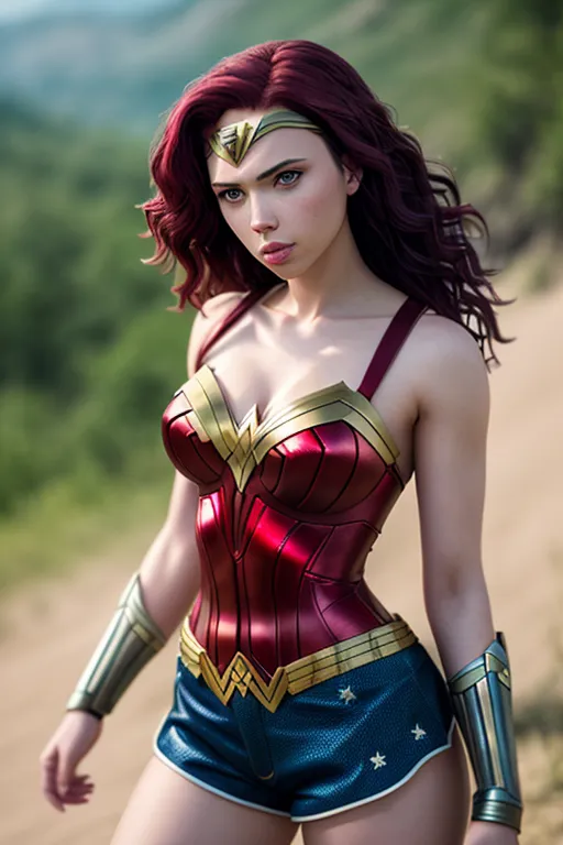 This image shows a woman dressed as Wonder Woman. She is standing in a field, with a determined expression on her face. She is wearing a red and gold bustier, blue shorts with stars on them, and red boots. She has a lasso around her waist and is wearing silver bracelets. Her hair is long and red, and she is wearing a tiara on her head.