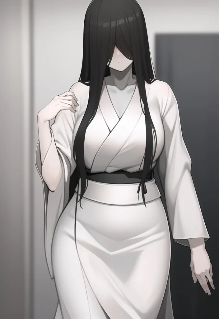 The image is of a young woman with long black hair wearing a white kimono with a black obi. She is standing in a dark room, and her face is obscured by her hair. The only light in the room is coming from a single candle, which is flickering on a table behind her. The woman's expression is one of sadness and despair, and it is clear that she is in some kind of pain.