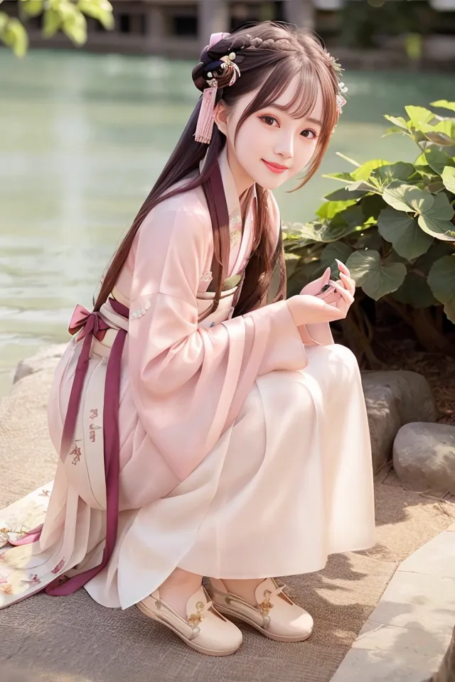 L'image montre une jeune femme portant un hanfu rose et blanc, une robe traditionnelle chinoise. Le hanfu a une jupe longue et fluide et un haut plus court, avec une écharpe nouée autour de la taille. La femme a de longs cheveux noirs avec un ruban rose noué dedans. Elle est à genoux sur le sol, une main posée sur son genou et l'autre tenant un petit objet. Elle a un sourire doux sur le visage. L'arrière-plan de l'image est un jardin flou, avec un étang et quelques plantes.