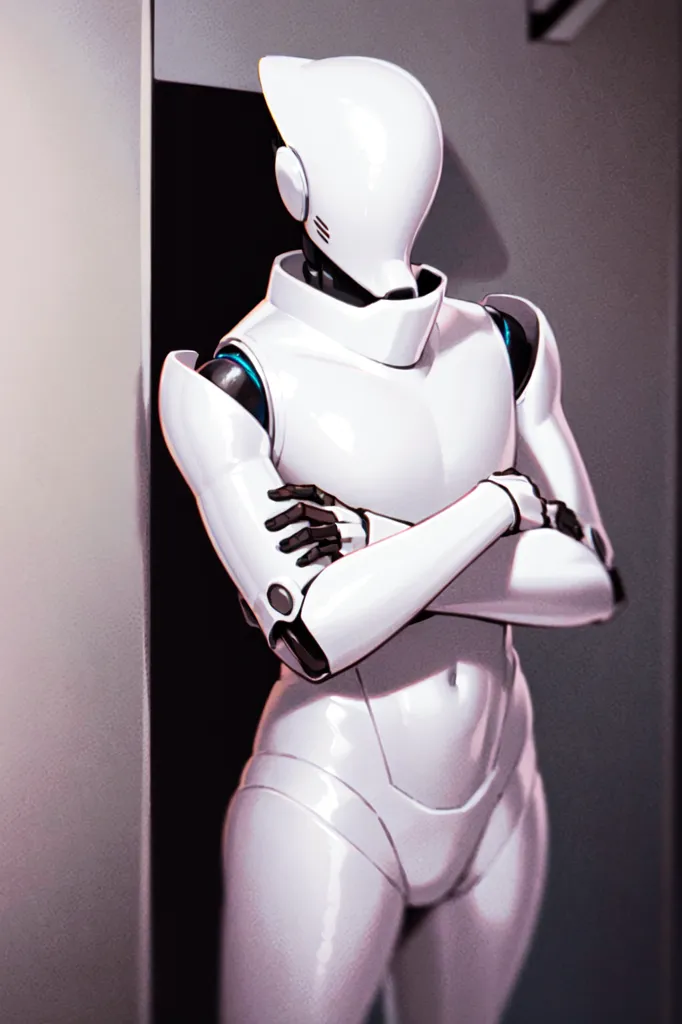 The image is a depiction of a gynoid, which is a fictional female robot. The gynoid is standing in a room, with her arms crossed over her chest. She is wearing a white bodysuit, and her head is covered by a white helmet. The gynoid's eyes are glowing blue, and her skin is smooth and flawless. She is standing in a relaxed pose, and her expression is calm and serene.