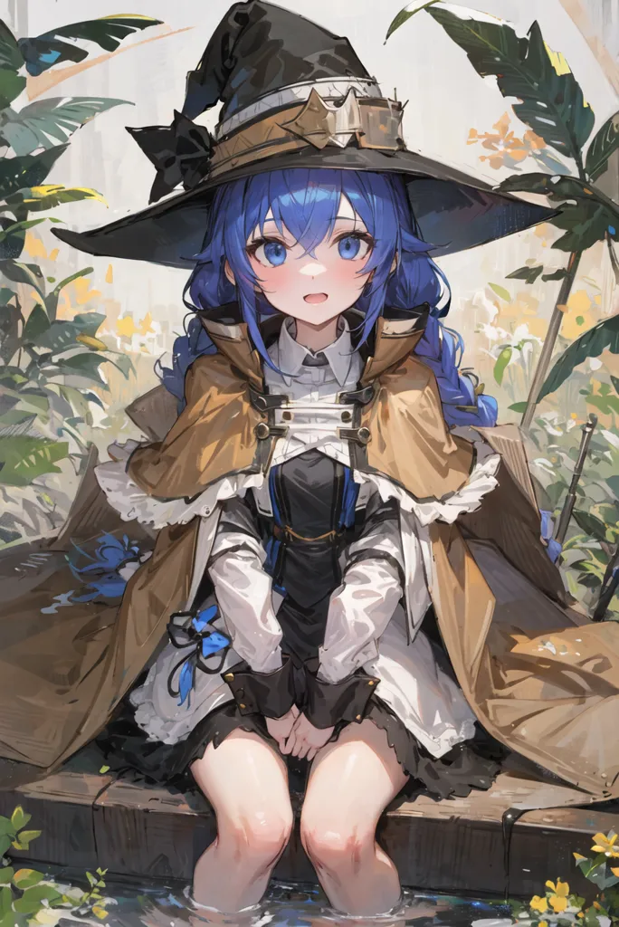 This is an image of a young girl with blue hair and blue eyes. She is wearing a brown witch hat with a white ribbon and a black dress with a white collar. She is also wearing a brown cloak with a white lining. She is sitting on a wooden dock in a pond surrounded by tall grass and flowers. She has a happy expression on her face and is looking up at the viewer.