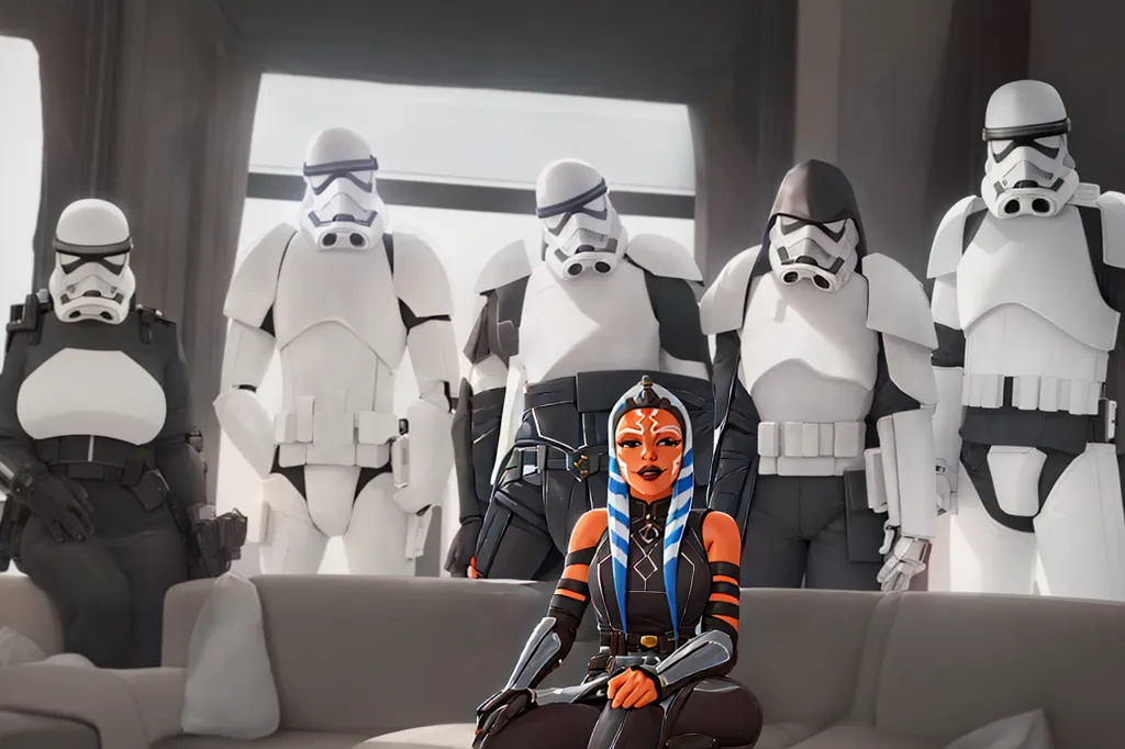 The image shows a group of five stormtroopers and Ahsoka Tano in a room. The stormtroopers are all wearing white armor, while Ahsoka is wearing a black and orange outfit. The stormtroopers are all armed with blasters, while Ahsoka is armed with two lightsabers. The stormtroopers are standing in a line behind Ahsoka, who is sitting on a couch.