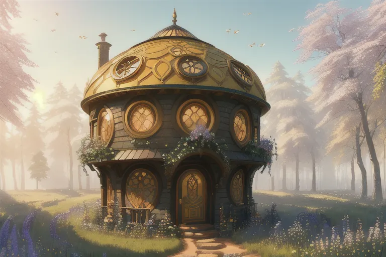 The image is a rendering of a small, round house with a golden dome roof. The house has many circular windows and a door. It is surrounded by a lush forest and there is a path leading up to the front door. The image has a warm, inviting feel to it.