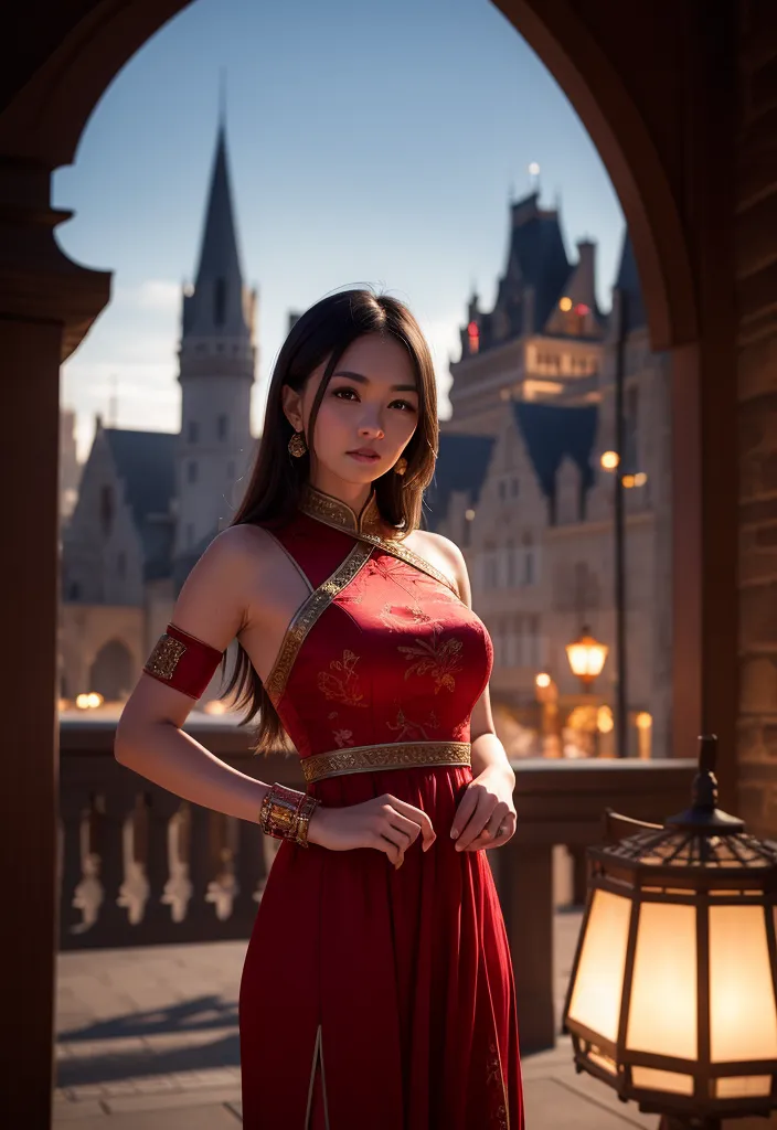 The image shows a young woman standing in a courtyard. She is wearing a red cheongsam with gold trim. The cheongsam is sleeveless and has a high collar. The woman's hair is long and black, and she is wearing a red lipstick. She is standing with her hands clasped in front of her. There is a lantern on the ground next to her. The background of the image is a Chinese courtyard with a castle in the distance.