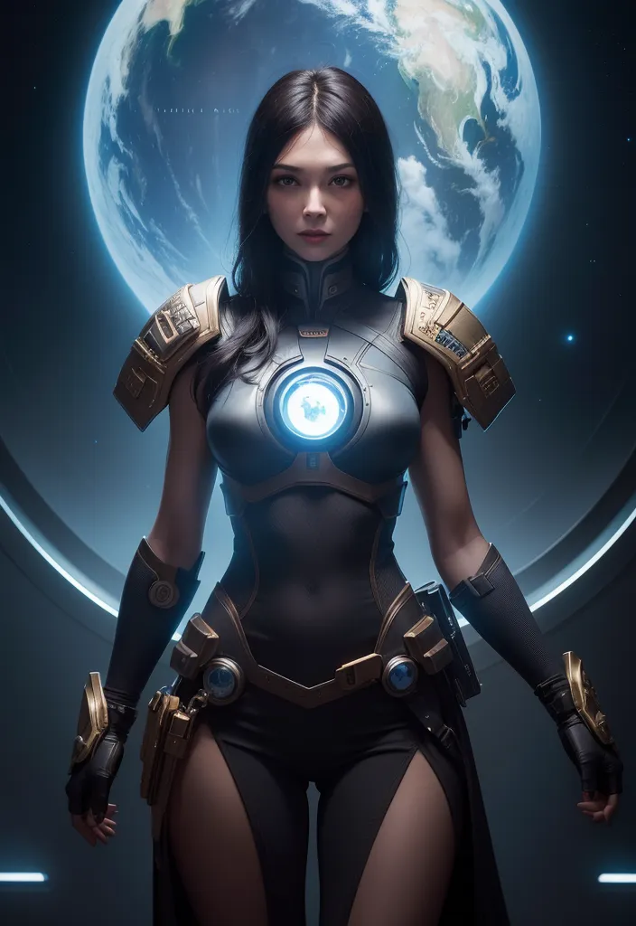 Ceci est une image d'une femme dans une armure futuriste. Elle a de longs cheveux noirs et des yeux bleus. L'armure est noire et dorée, avec un cercle bleu lumineux au centre de la poitrine. Elle se tient devant une grande planète bleue et verte, avec un fond étoilé.