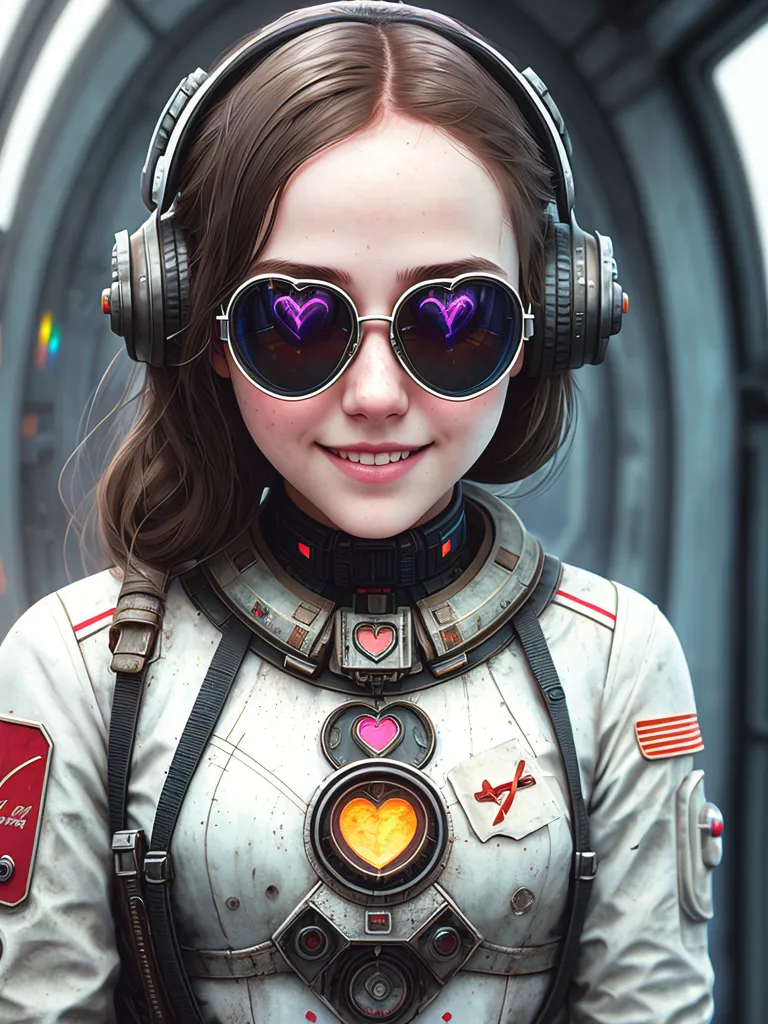 Esta é uma imagem de uma jovem, provavelmente com cerca de 20 anos. Ela está usando um traje espacial futurista com um esquema de cores branco e cinza claro, e um patch vermelho no ombro direito. Ela tem cabelos castanhos estilizados em um corte bob com franja, e seus olhos são de uma cor azul clara. Ela está usando um par de óculos de sol em formato de coração que refletem uma luz roxa. Ela tem um sorriso amigável no rosto e está em pé com os ombros relaxados e a cabeça ligeiramente inclinada para a direita. O fundo é uma nave espacial, com paredes cinzas e um piso de metal.