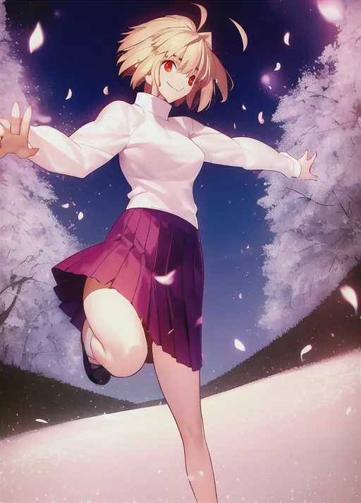 The image shows a young woman with short blond hair and red eyes. She is wearing a white turtleneck blouse and a purple pleated skirt. She is running through a snowy forest, and cherry blossom petals are falling around her. She has a happy expression on her face, and she is surrounded by a soft glow.