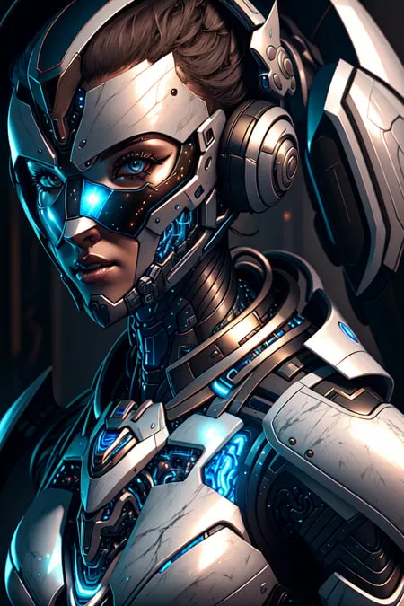 The image is a portrait of a female cyborg. She has short brown hair, blue eyes, and a metal mask covering her mouth and nose. She is wearing a white and gray bodysuit with blue lights glowing from within. The background is dark with a spotlight shining down on her.