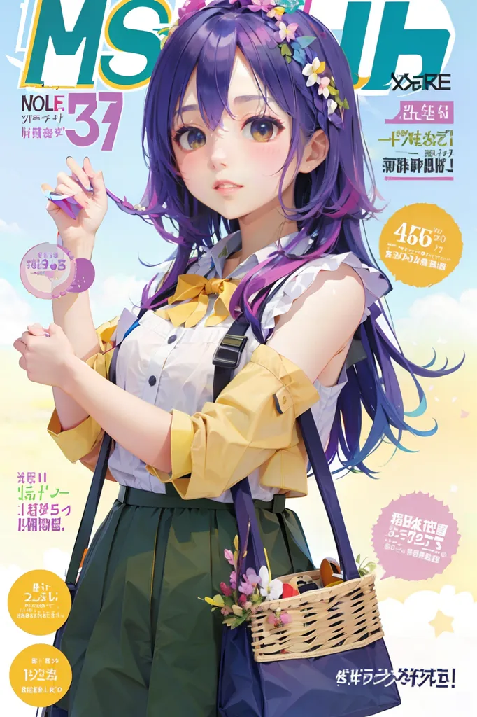 La imagen es la portada de una revista japonesa. La portada presenta a una joven con cabello y ojos morados. Lleva una blusa amarilla y una falda verde. También lleva una canasta de flores. El fondo es blanco con acentos rosa y azul. El texto de la portada está en japonés.