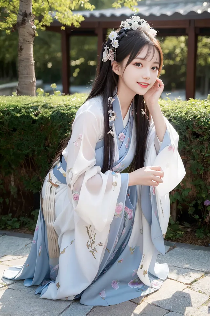 The image shows a young woman dressed in a traditional Chinese hanfu. The hanfu is a white and blue floral dress with a long white sash. The woman has long black hair with white and pink flowers in her hair. She is kneeling on the ground with her right hand on her cheek and her left hand on her knee. She has a gentle smile on her face. The background is a blur of green plants.