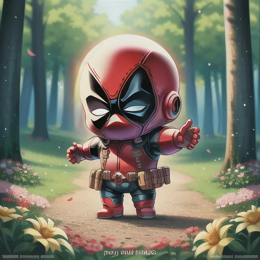 The image shows a chibi version of Deadpool. He is standing in a forest, surrounded by flowers and trees. He is wearing his red and black costume and has his mask on. He is smiling and has his arms outstretched.