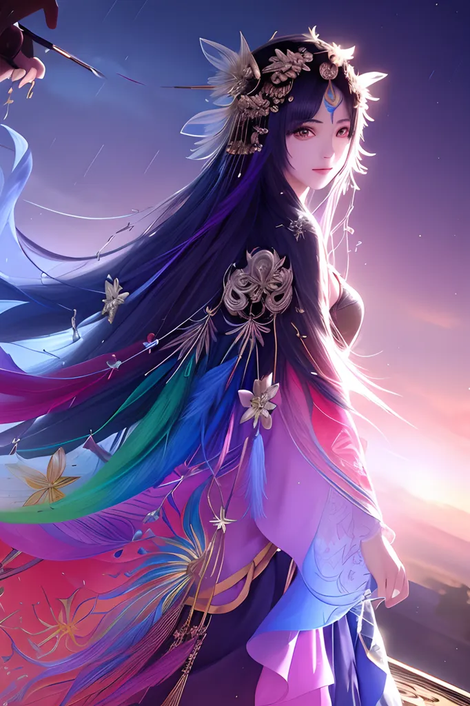 The image is of an anime-style girl with long black hair and purple eyes. She is wearing a revealing purple and pink outfit with a long flowing skirt. She has a phoenix hairpin in her hair and is standing on a floating rock in the sky. The background is a gradient of purple and pink with a bright light in the center.