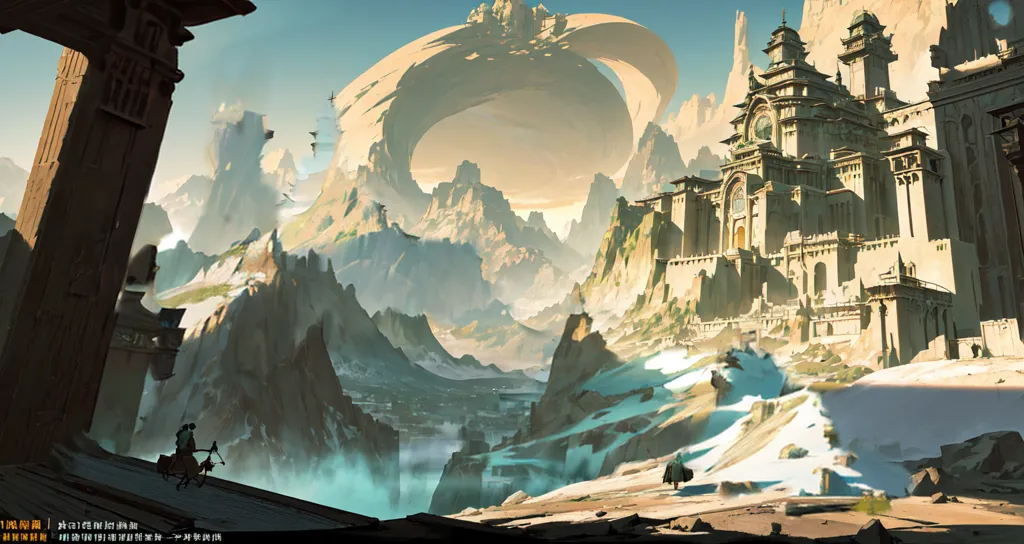 The image is a fantasy landscape painting. It shows a ruined city in the middle of a snowy mountain range. The city is built on a series of plateaus and is surrounded by tall, snow-capped mountains. There is a large crater in the distance. The sky is a light blue color and there are some clouds in the sky. There is a river running through the middle of the city. There are some trees and other vegetation in the foreground. There are two figures in the foreground, one on a horse and one walking.