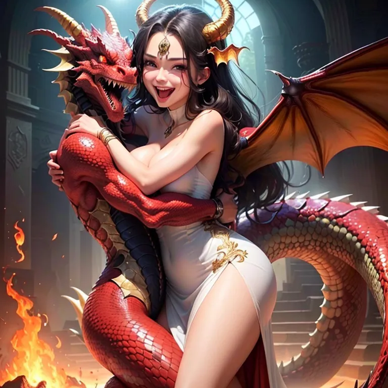 This image shows a red dragon and a woman. The woman is hugging the dragon and smiling. The dragon has its arms around the woman and is smiling back at her. The background is a stone structure with flames on either side.