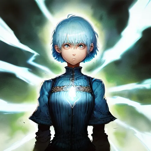 The image shows a young woman with short blue hair and blue eyes. She is wearing a blue dress with a white collar. The dress has gold trim and a gold button. She has a small blue crystal embedded in her chest. She is standing in a dark place, with only a few rays of light shining through. The light is coming from behind her, and it is casting shadows on her face and body. She is looking at the viewer with a serious expression.