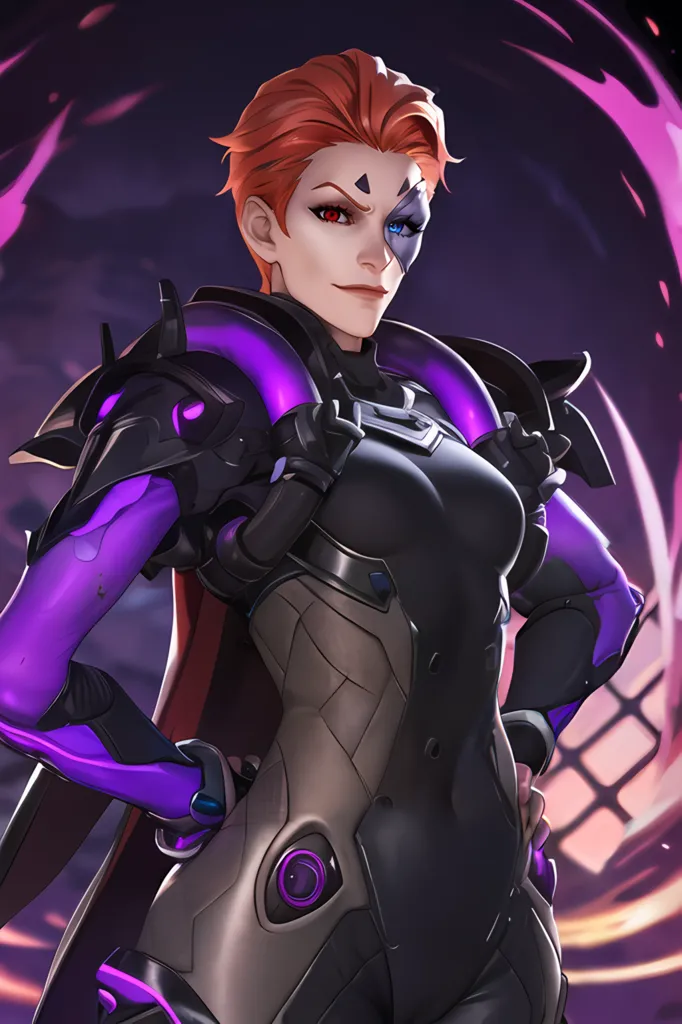 The image is of a young woman with short red hair and purple eyes. She is wearing a black and purple bodysuit with a purple cape. She has a confident expression on her face and is standing with her hands on her hips. There is a dark purple background with a glowing purple circle behind her.