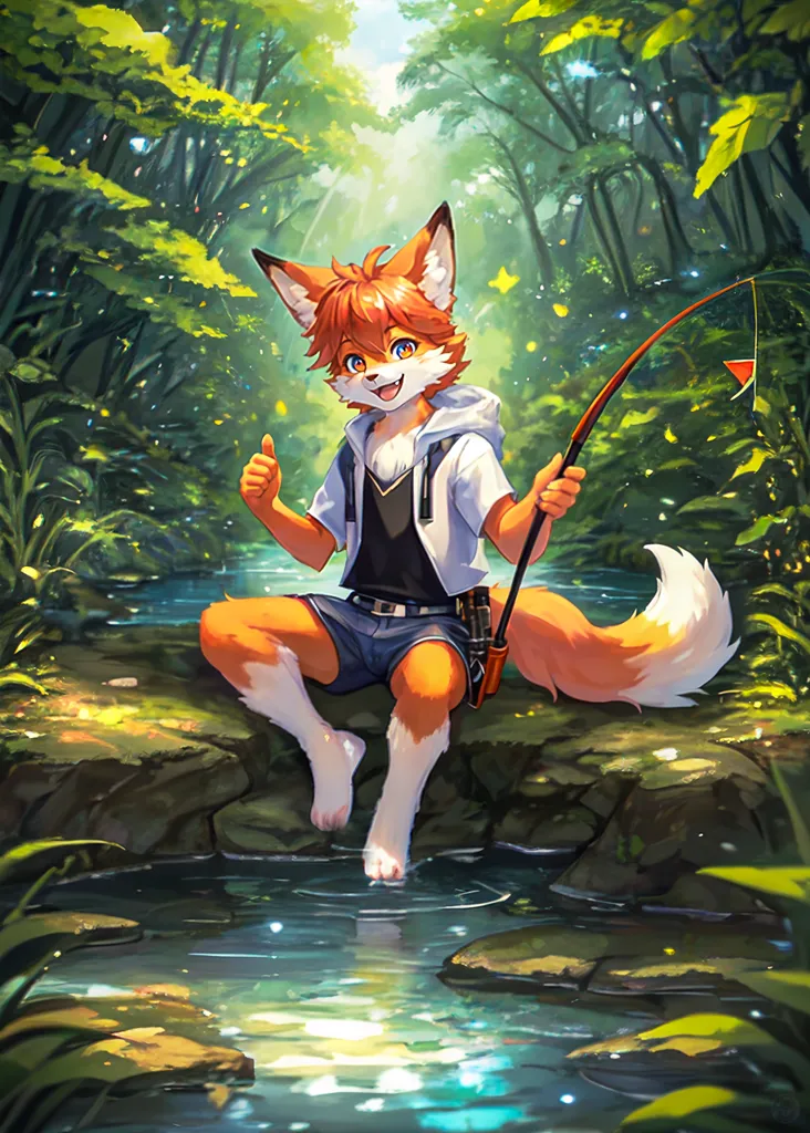 The image is of an anthropomorphic fox sitting on a rock in a river. The fox is wearing a white shirt, blue shorts, and a brown fishing hat. It has a fishing pole in its hand and is smiling. The background is a forest with green trees and plants. The fox is sitting on a rock in the middle of the river. The water is clear and you can see the reflection of the fox in the water. The fox is holding the fishing pole in its right hand and has its left hand raised in the air, giving a thumbs up.