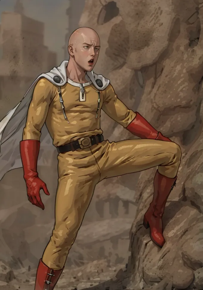 The image shows a man in a yellow jumpsuit and red gloves standing on a pile of rubble. The man has a bald head and a surprised expression on his face. He is wearing a white cape and there are ruins in the background.