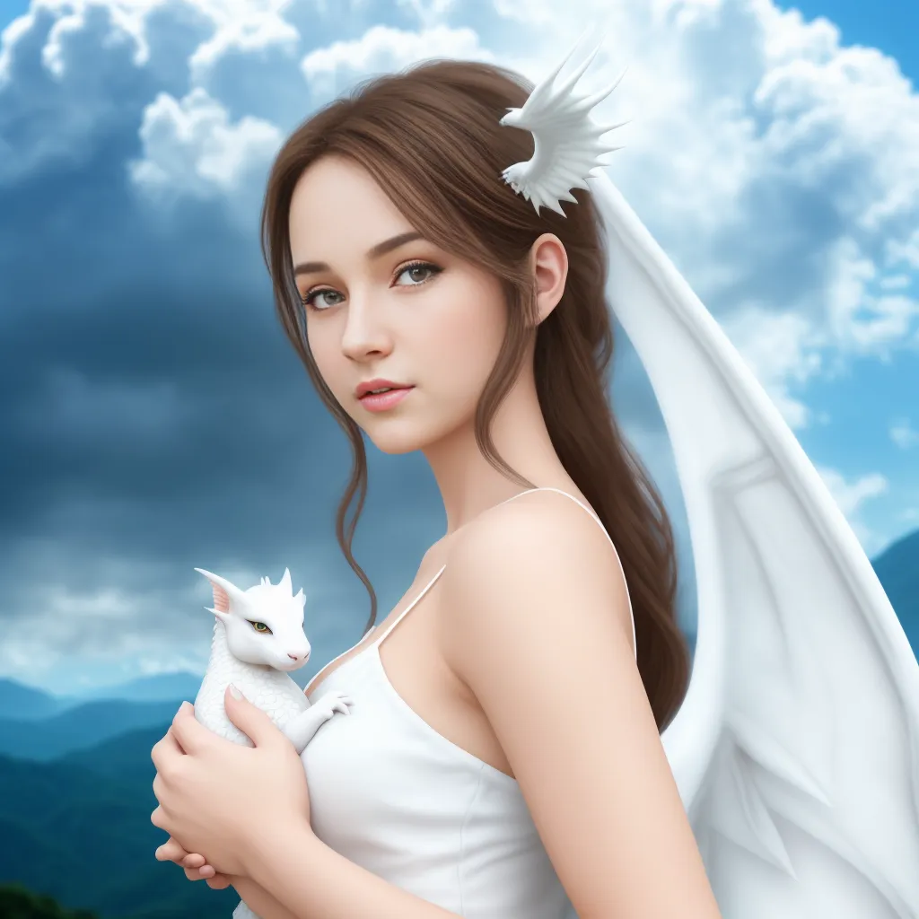 The image is a portrait of a beautiful young woman with long brown hair. She is wearing a white dress and has a white dragon wrapped around her arm. The woman has light makeup on and is looking at the viewer with a serious expression. She is standing in front of a mountainous landscape with a blue sky and white clouds.