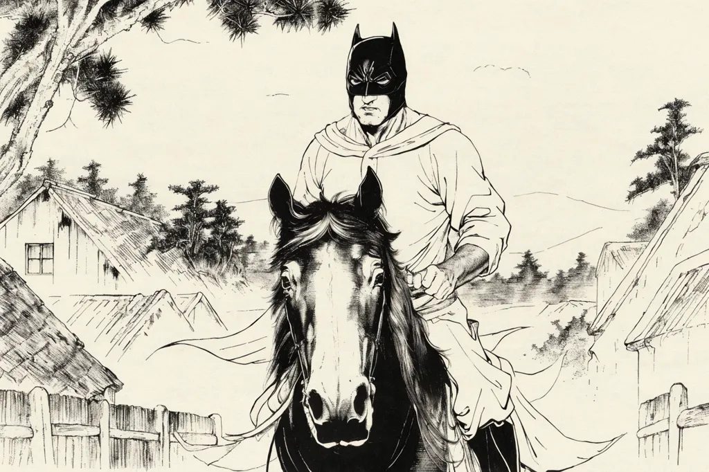 La imagen es un dibujo en blanco y negro de Batman montando a caballo. Lleva una capa y una máscara, y el caballo está galopando. El fondo es un paisaje chino, con montañas, árboles y un pueblo.