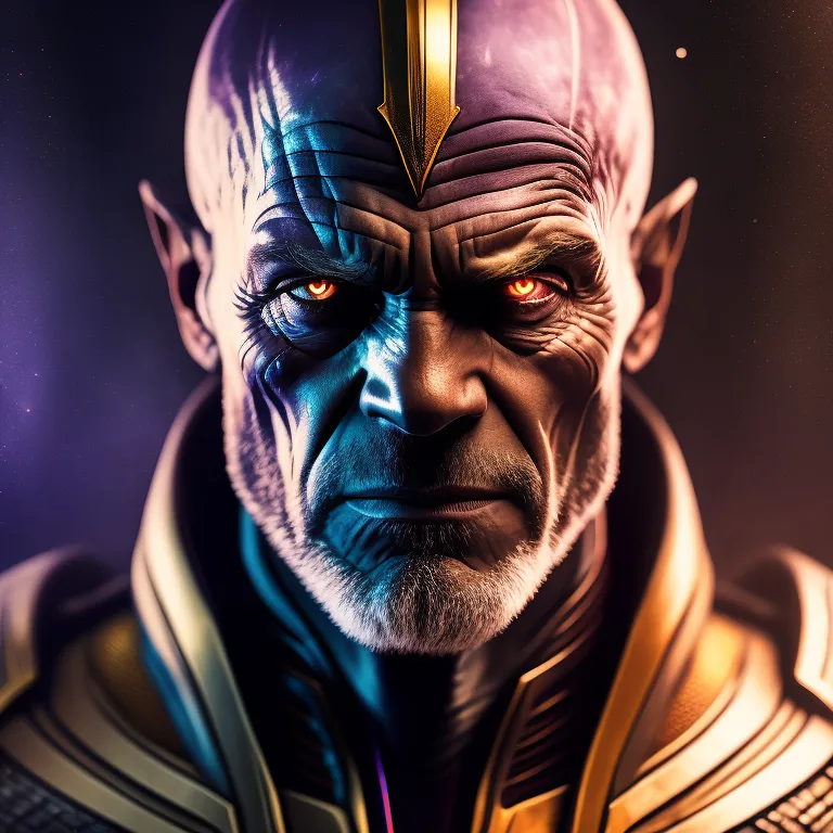 The image is a portrait of Thanos, a supervillain appearing in American comic books published by Marvel Comics. He is a powerful warlord and the adoptive father of Gamora and Nebula. Thanos is known for his ruthlessness and his quest to acquire the Infinity Stones, which he plans to use to destroy half of all life in the universe.

In the image, Thanos is depicted as a bald, purple-skinned alien with a scarred face. He is wearing a golden helmet and armor, and his eyes are glowing red. He has a stern expression on his face, and he looks like he is about to attack. The background of the image is a dark, starry space, which adds to the sense of danger and foreboding.

The image is a realistic and detailed portrayal of Thanos. It captures his character's strength, power, and ruthlessness. It is also a reminder of the threat that he poses to the universe.