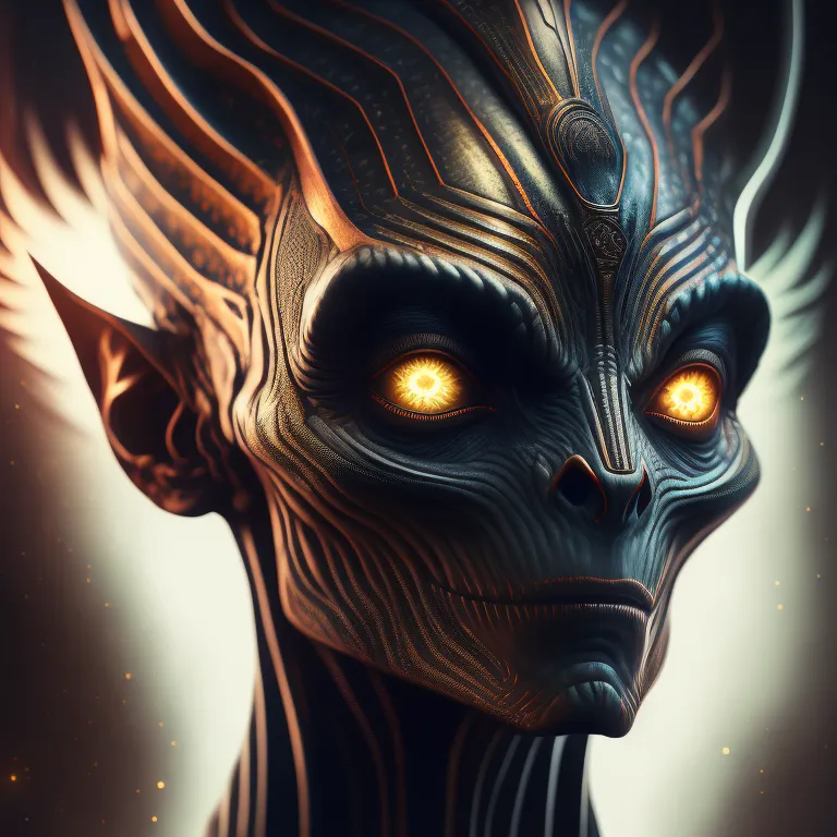 The image shows a head of an alien creature. The creature has dark grey skin with golden stripes on its forehead and chin. The eyes are bright yellow and the mouth is slightly open. The creature has no hair and its head is elongated with a pointed chin. The background is dark with some small, bright lights.